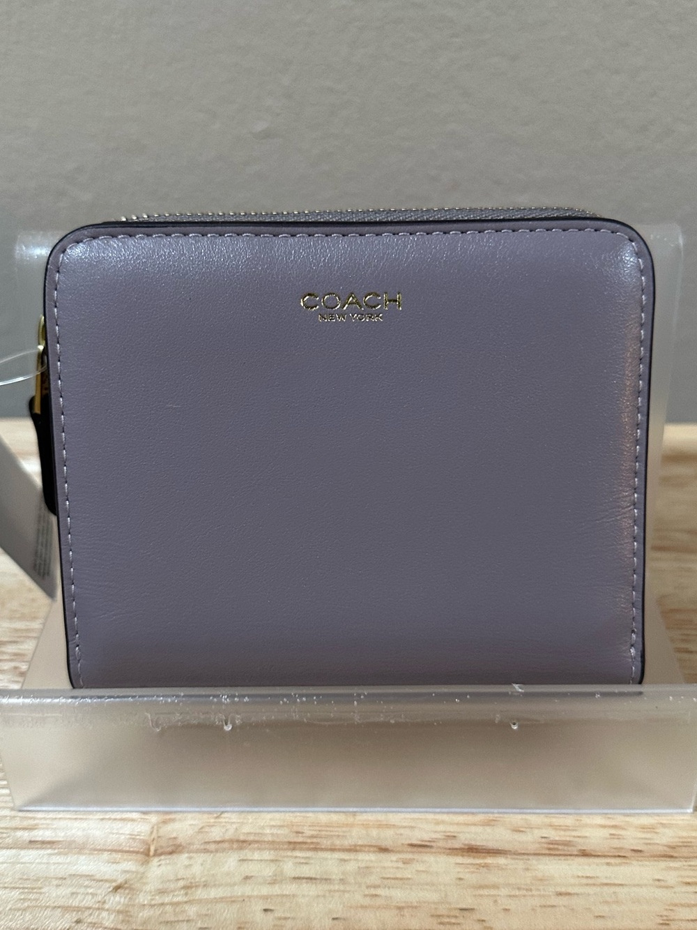 COACH Taupe Leather Zip Wallet with Gold Logo